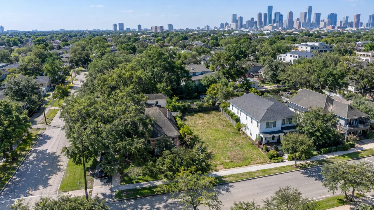 Aerial view of an empty residential lot in a Houston neighborhood